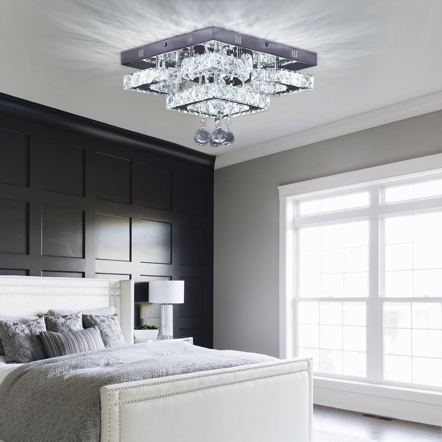 CXGLEAMING Lámpara LED moderna de cristal de 11.8 pulgadas, lámpara de techo empotrada, 4 pétalosbola de lluvia, lámpara cuadrada para dormitorio,
