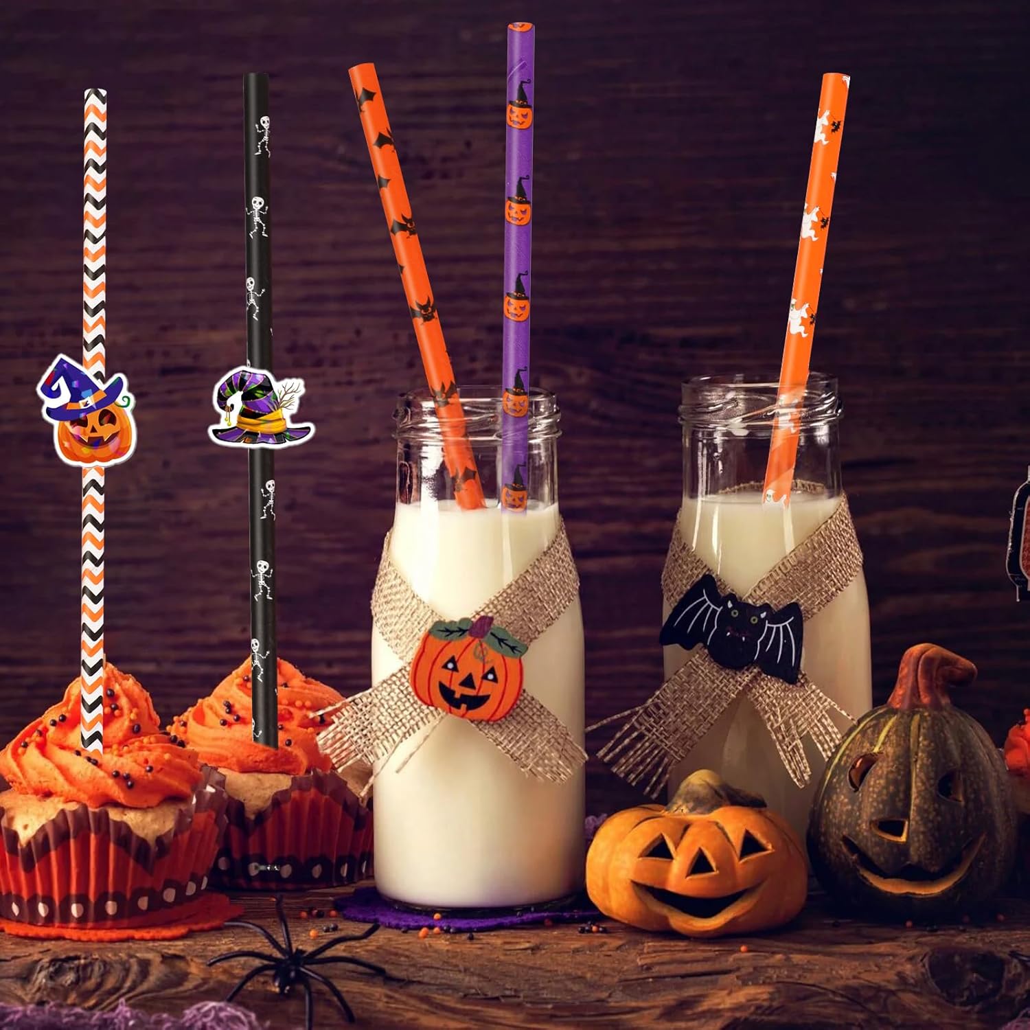 150 popotes de papel de Halloween, 6 estilos mixtos, pajitas desechables para fiestas de Halloween, suministros de decoración de fiesta de Halloween