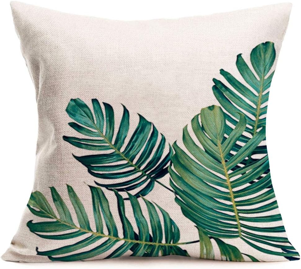 Funda de almohada con diseño de hojas tropicales, diseño de palmera de Monstera, hojas verdes, funda de cojín decorativa cuadrada para interiores y