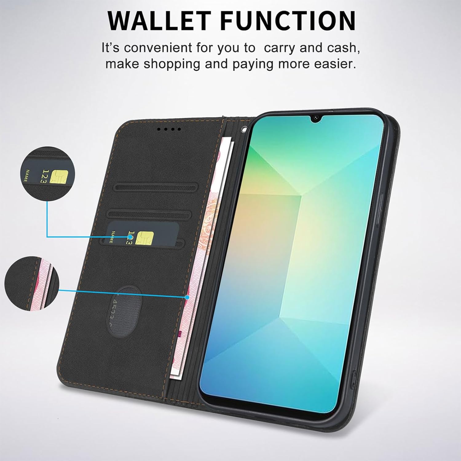 Funda tipo cartera para Samsung Galaxy A06 2024 – Funda de piel sintética con ranuras para tarjetero, funda magnética fuerte para teléfono, color