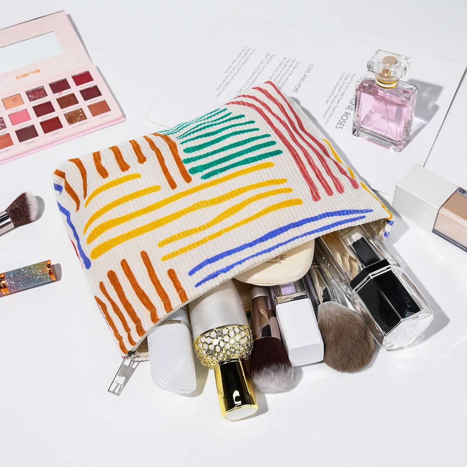 SOIDRAM Bolsa de maquillaje grande de pana de 2 piezas, bolsa de cosméticos de lona, capacidad a rayas, bolsa de aseo de viaje, organizador de