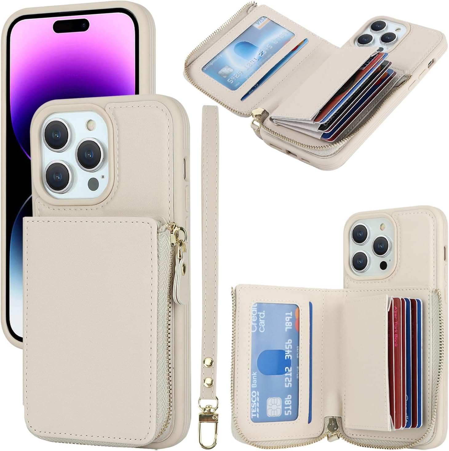 Funda para iPhone 14 Pro Max con tarjetero con cremallera para mujer, iPhone 14 Pro Max, cartera con tarjeta de crédito con anillo y soporte de