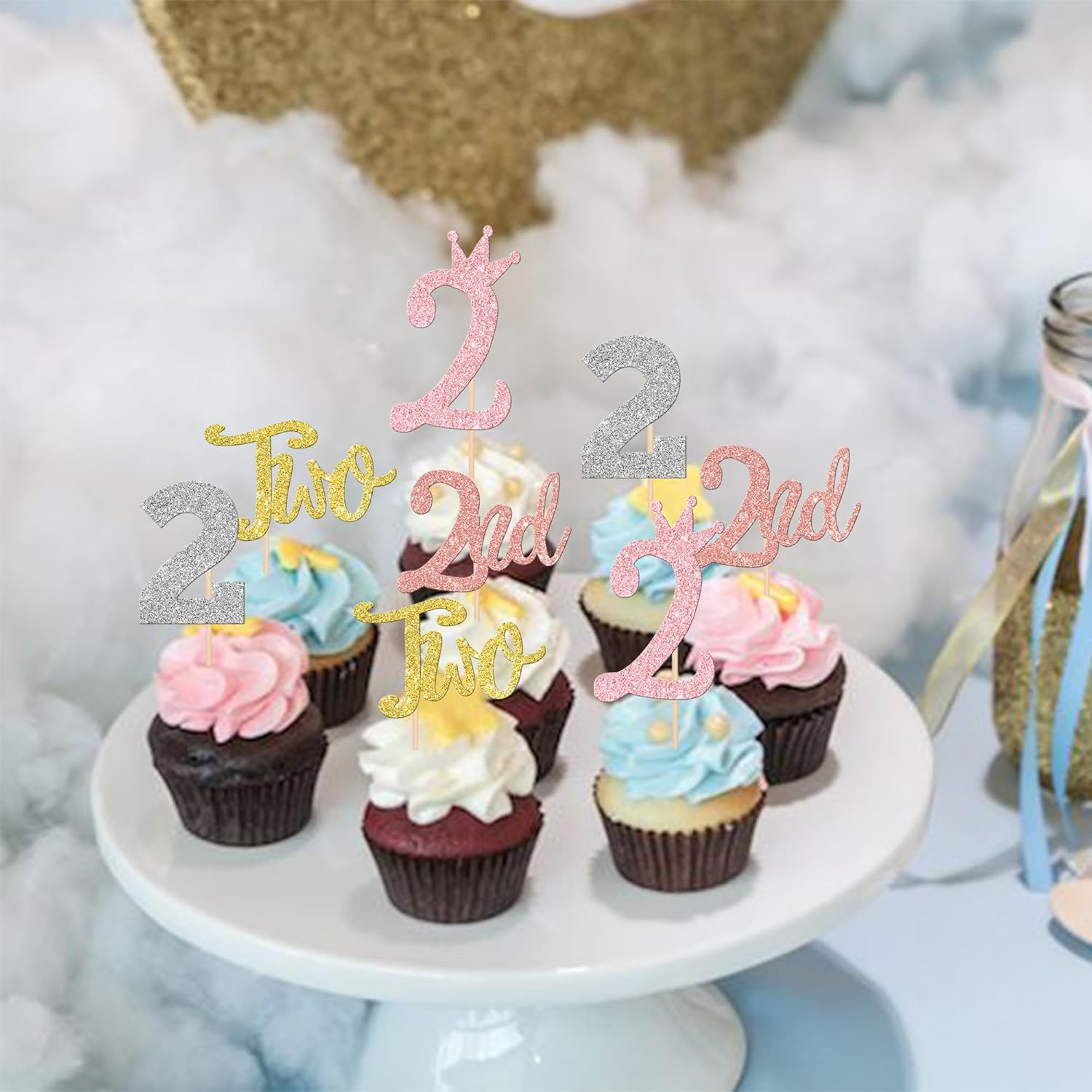 24 piezas de dos adornos para cupcakes con purpurina, dos púas para cupcakes de 2 cumpleaños, número 2, dos palillos para pasteles para baby shower,