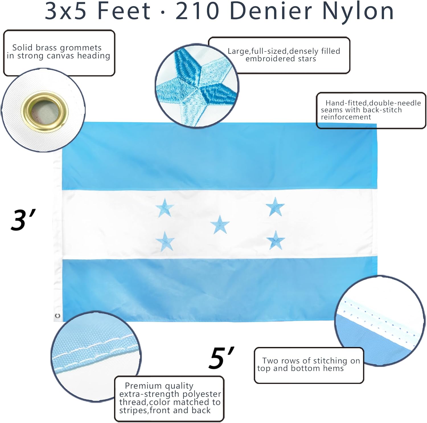 Anley EverStrong Series – Bandera de Honduras de 3 x 5 pies, nailon resistente, rayas bordadas y cosidas, 4 filas de costuras de cerradura, banderas
