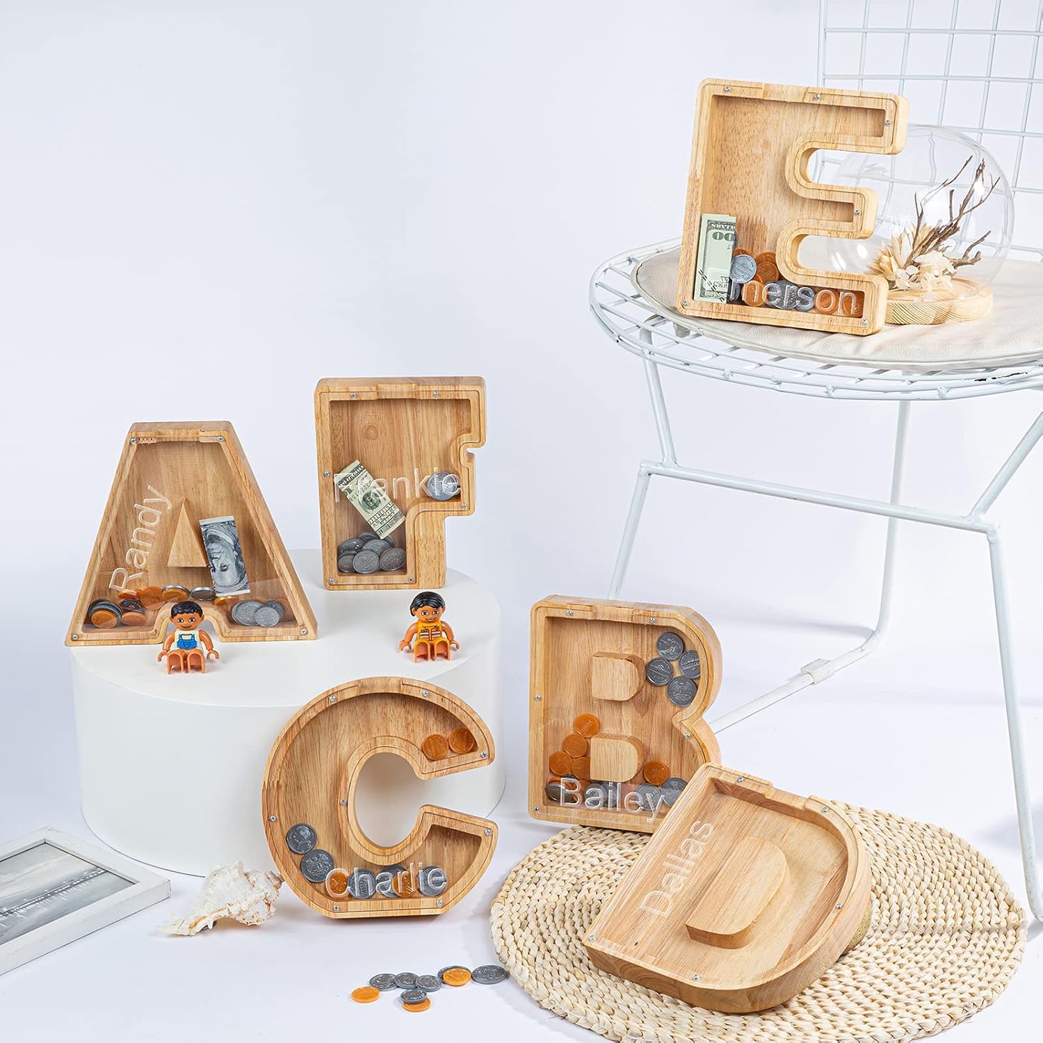 Alcancía de madera personalizada para niños y niñas, alcancía con nombre personalizado de 26 letras para niños y niñas, regalo de cumpleaños (C)