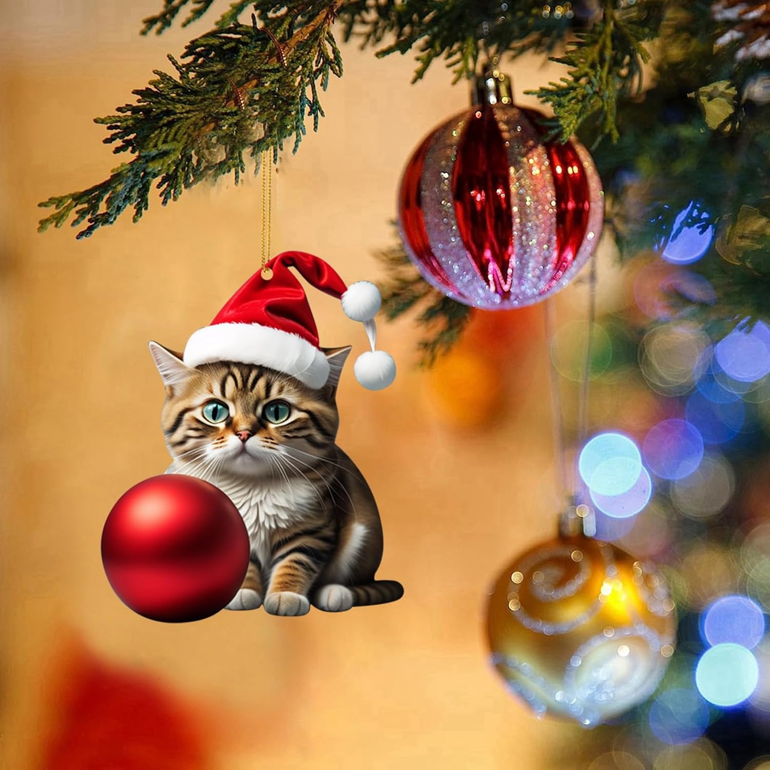Adorno de árbol de Navidad de gato divertido acrílico 2D, adorno acrílico de doble impresión, colgante de regalo blanco, colgante oscilante para