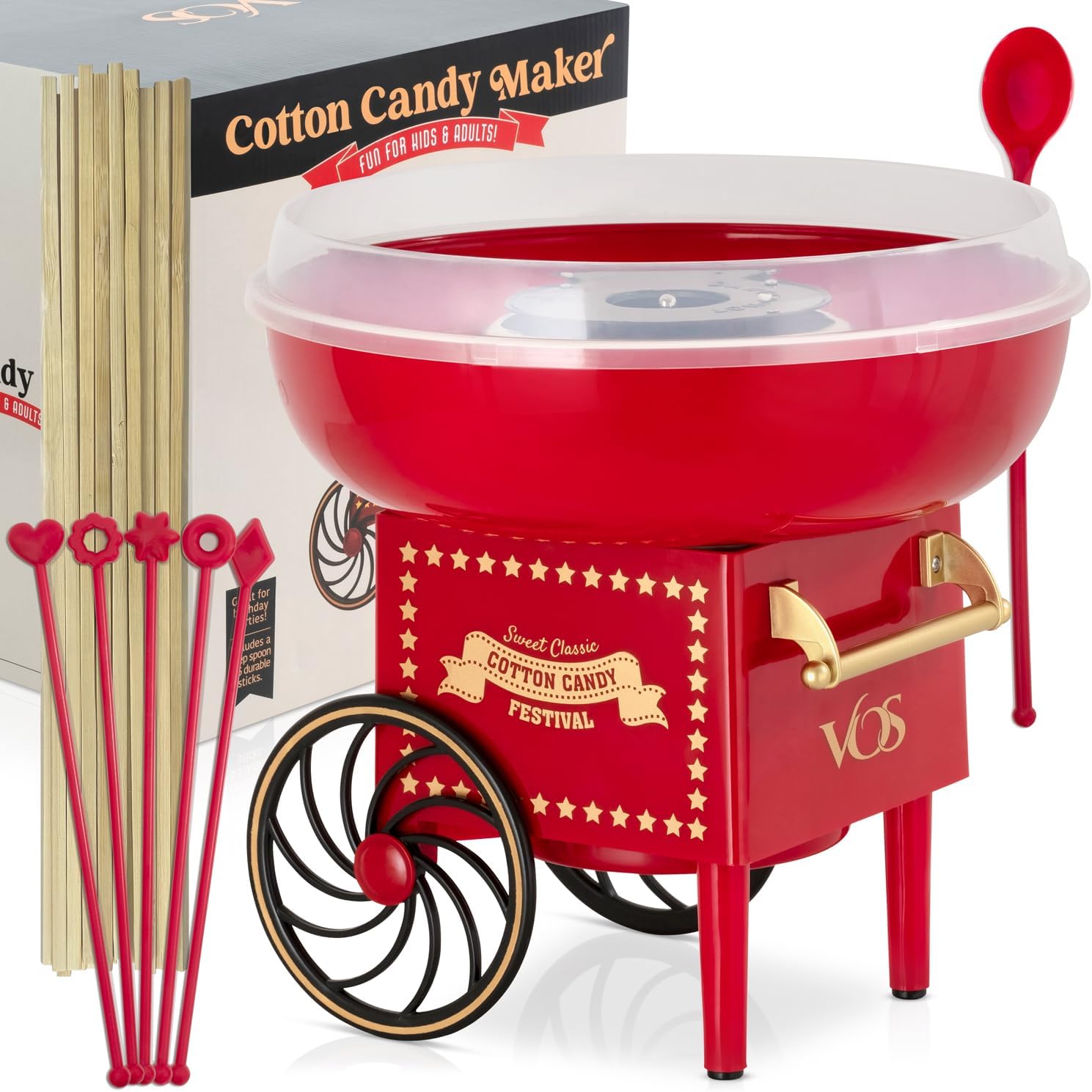 Kit de máquina de algodón de azúcar, máquina de algodón retro rojo, máquina para hacer dulces de azúcar sin esfuerzo con guía completa fácil de