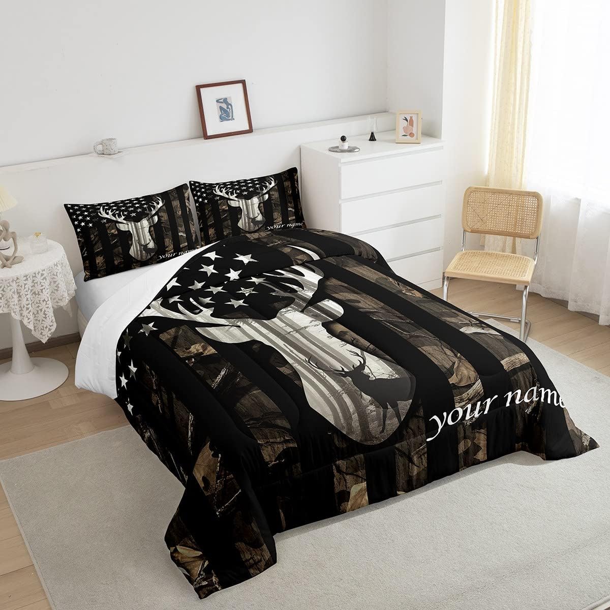Juego de edredón personalizado con diseño de bandera estadounidense de camuflaje para niños, tamaño Queen, decoración de dormitorio de niñas y