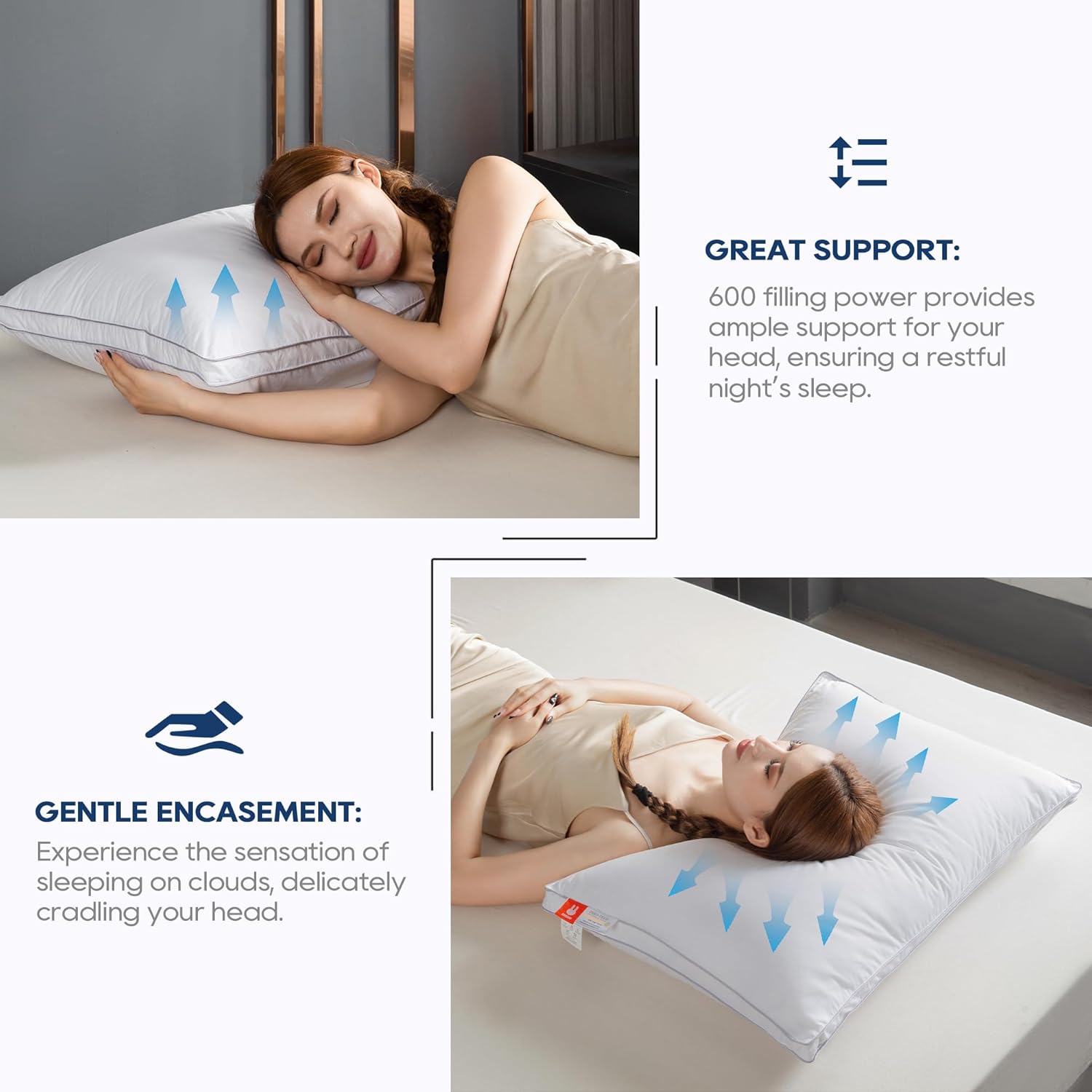 Almohada de plumas de ganso y plumón para dormir de lado, Hotel Collection – Almohadas de cama tamaño Queen con funda de 100% algodón, juego de 2