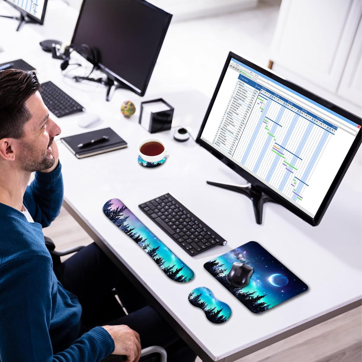 AIMSA Reposamuñecas para teclado + alfombrilla para mouse + reposamuñecas para mouse + posavasos, base de goma antideslizante ergonómica de espuma