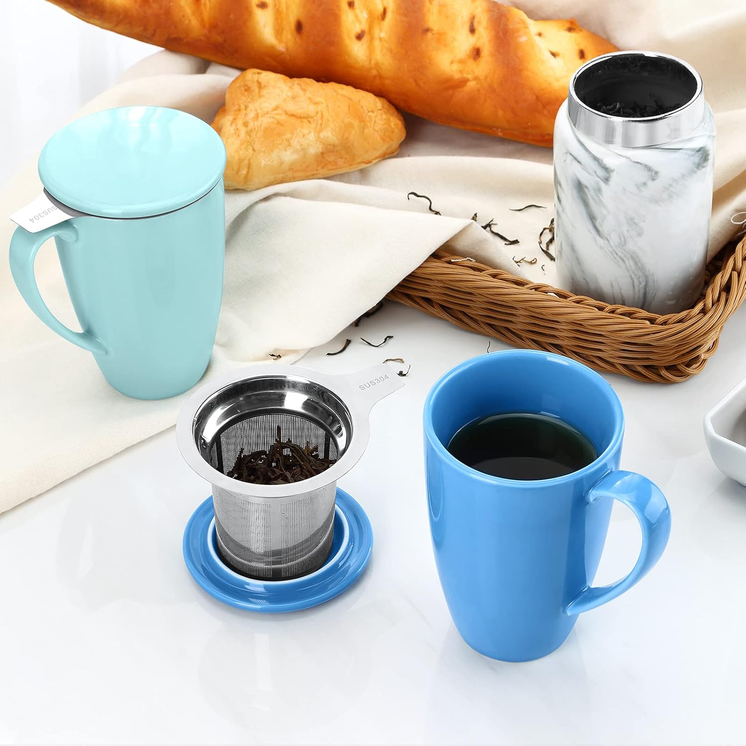 Yedio Taza de té de porcelana con infusor y tapa, taza de té de 15 onzas con filtro para té, leche, café, infusores de té de hojas sueltas, turquesa
