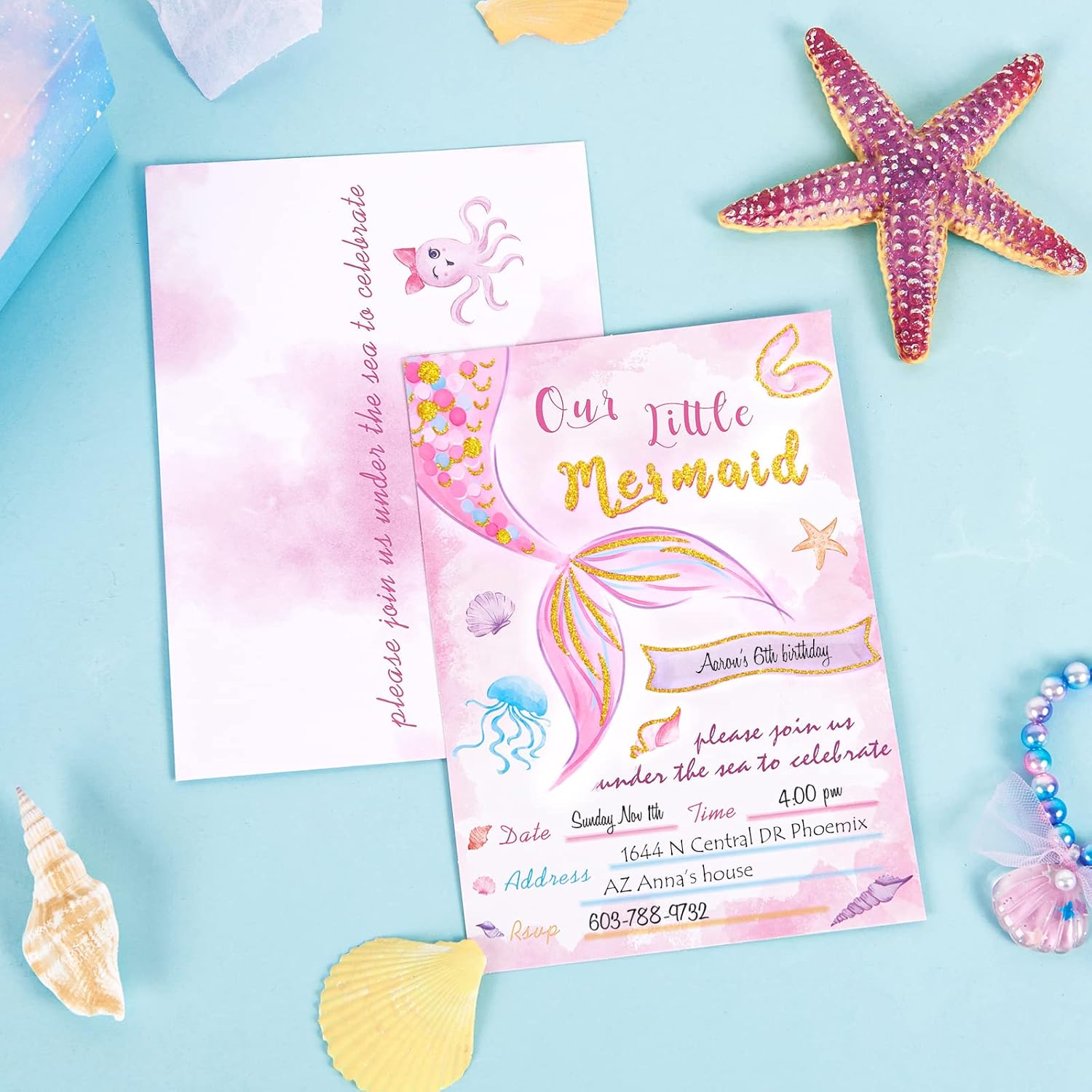 WERNNSAI Invitaciones de fiesta de sirena de acuarela, suministros de fiesta de sirena, paquete de 20 tarjetas de invitación de 5 x 7 pulgadas con