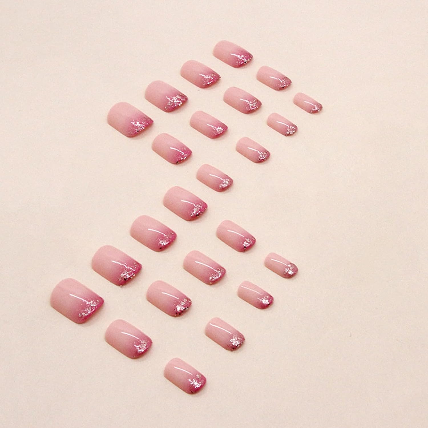 Uñas postizas cuadradas a presión, uñas postizas cortas de color rosa degradado, con diseño de purpurina rosa, lindo cobertura completa, uñas