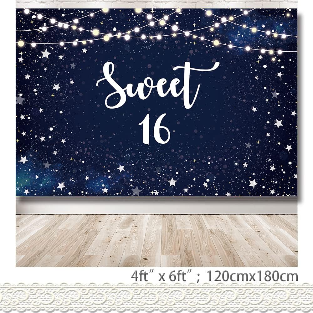 Telón de fondo de noche estrellada dulce 16, estrellas blancas, cielo nocturno, decoración de fiesta de cumpleaños número 16, fondo de galaxia,