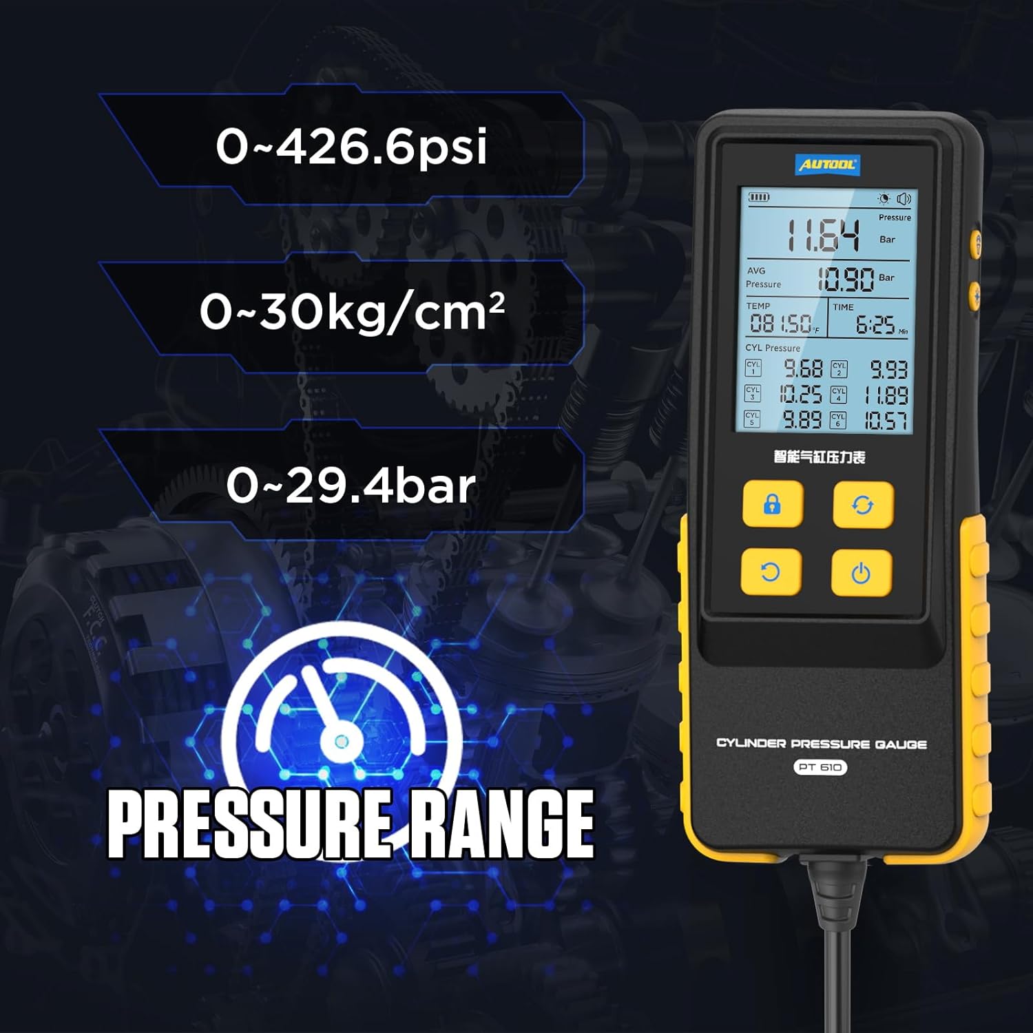 AUTOOL Medidor de compresión digital de 0-426PSI 0  29bar para cilindro de motor de gasolina, kit de herramientas de prueba de compresión con