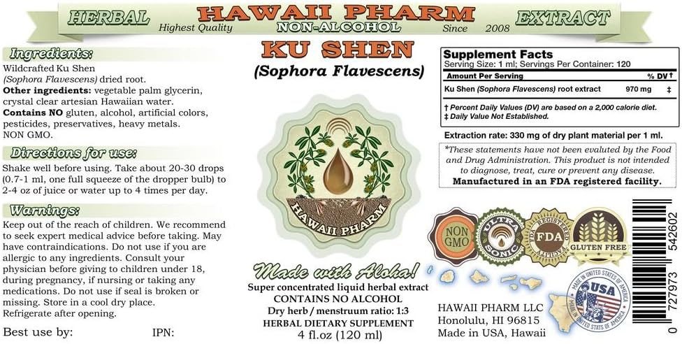 HawaiiPharm Ku Shen – Extracto líquido sin alcohol, Ku Shen, Sophora (Sophora Flavescens), suplemento herbario de glicerita de raíz, 2 onzas
