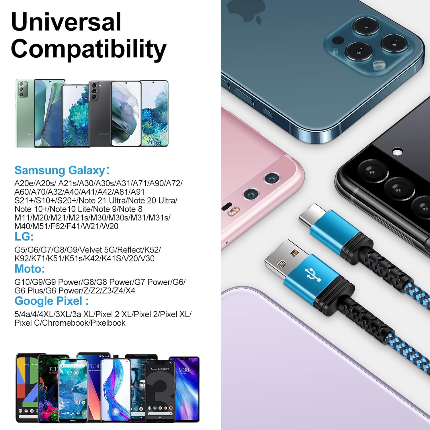 Cable USB C de carga rápida, paquete de 2 cables tipo C de 3 pies, cable trenzado de teléfono Android para Samsung Galaxy A15 5G A16 A56 A35 A32 A12
