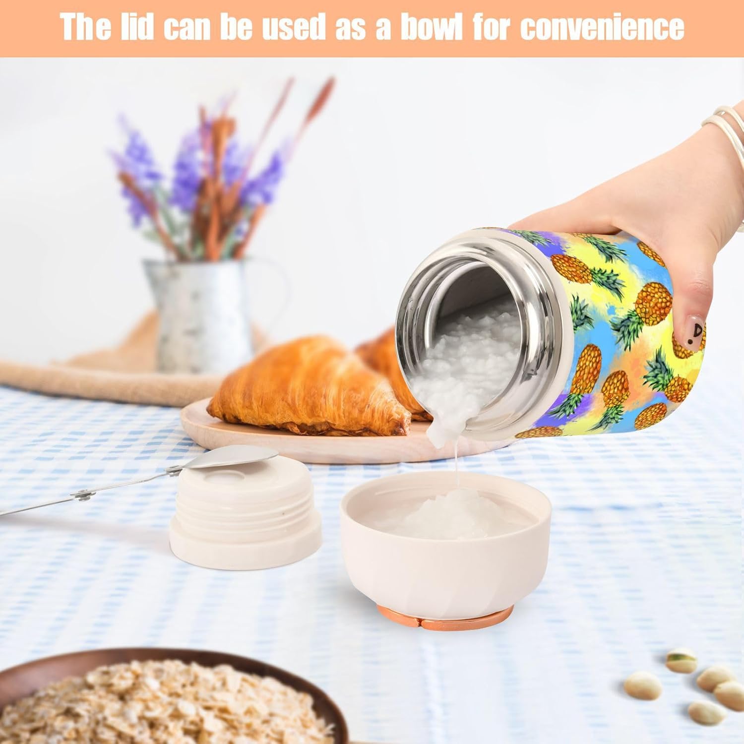 MCHIVER Fruta piña tarro de comida con cuchara de acero inoxidable aislado al vacío contenedor de alimentos 17 oz termo para comida caliente