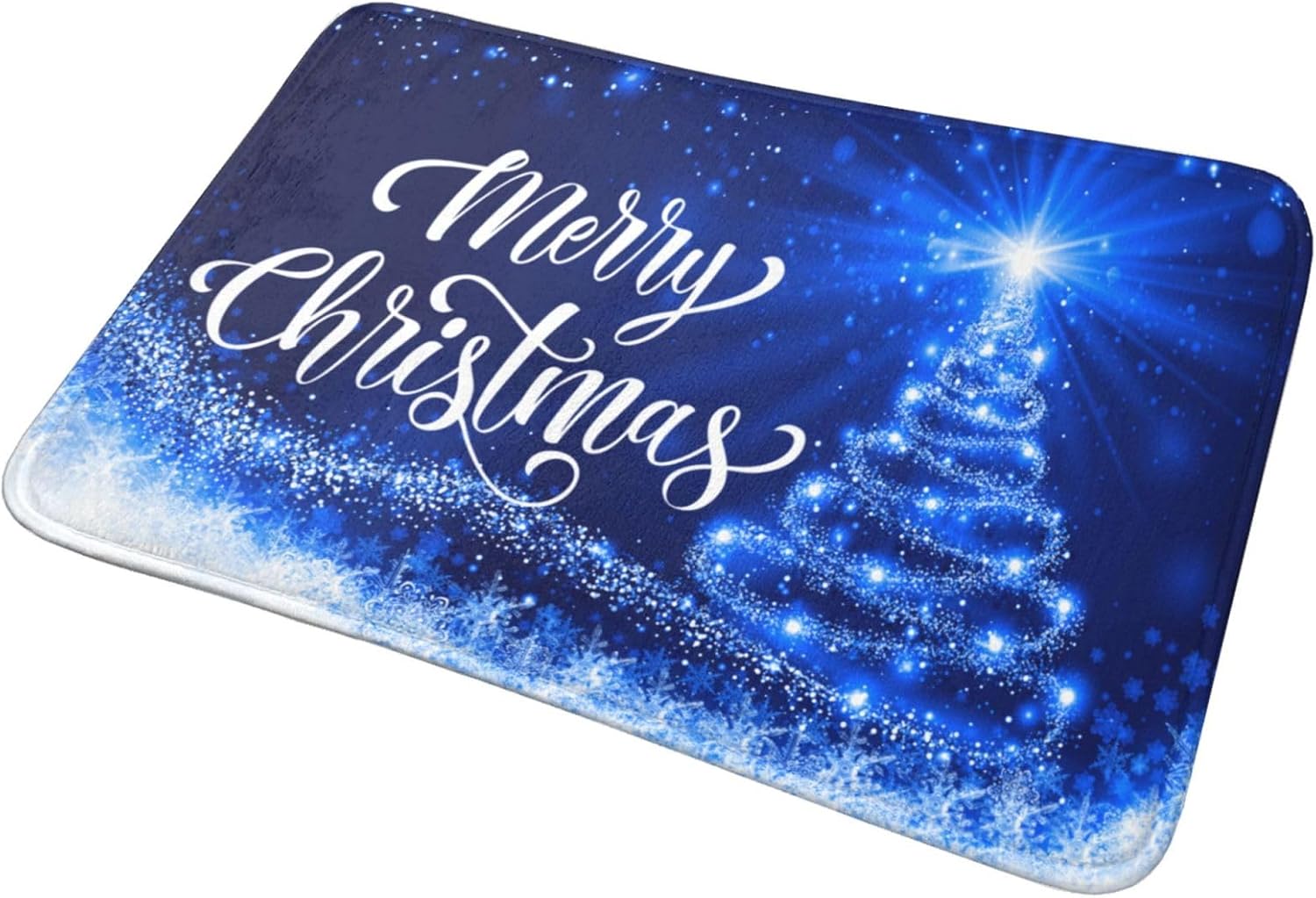 DADABULIU Tapete de baño con texto en inglés “Merry Christmas”, tapete de ducha de árbol de nieve azul, tapete de espuma viscoelástica,