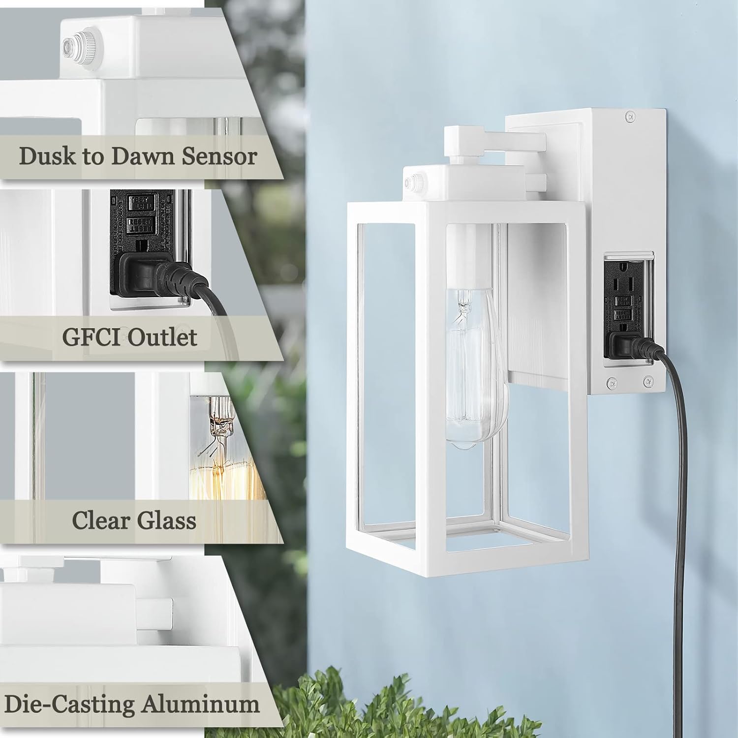 zeyu ZW27BS-P+G WH – Iluminación de pared exterior con sensor de atardecer a amanecer, aplique de pared exterior con salida GFCI integrada, aluminio