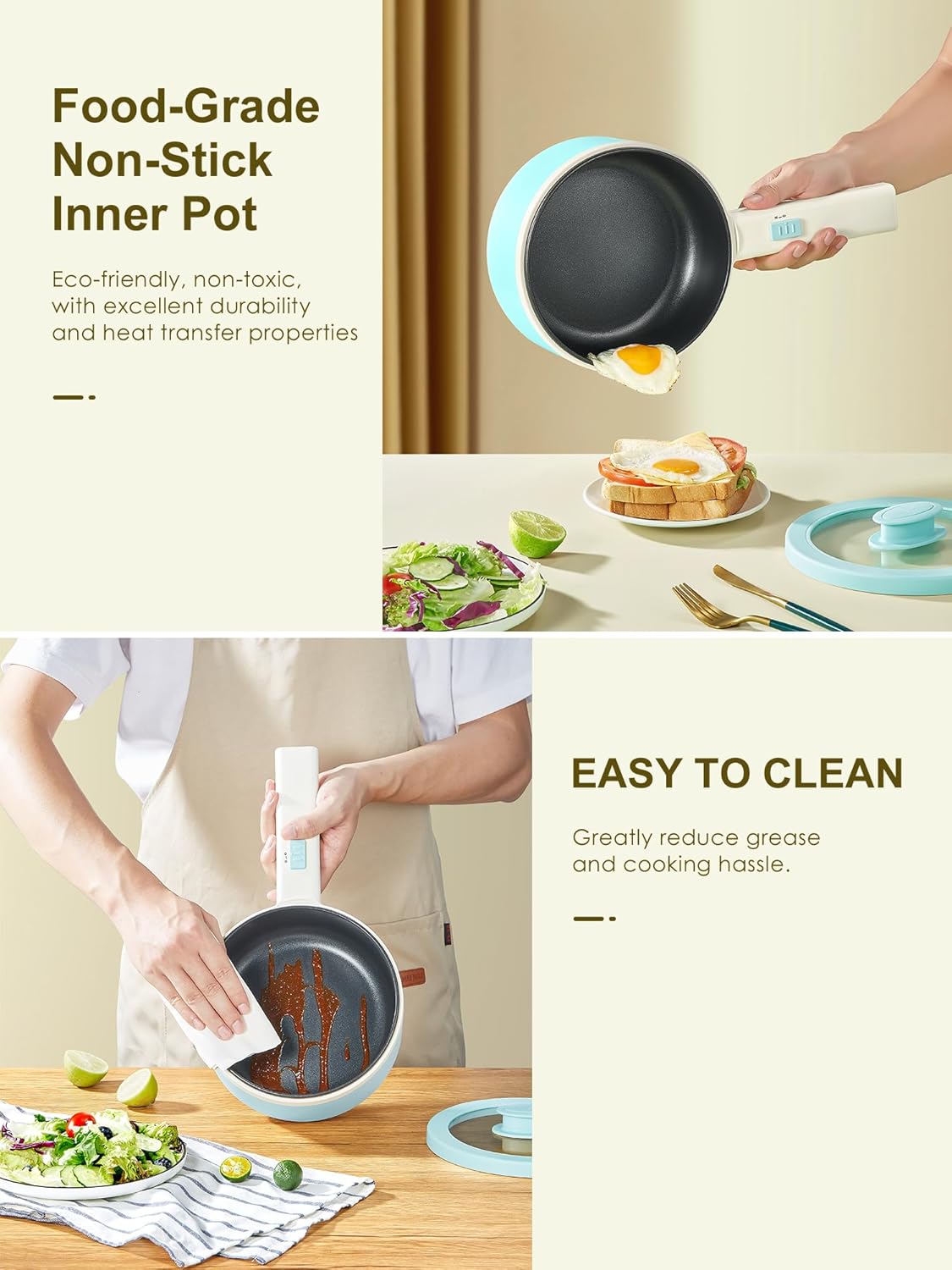 Yabano Olla eléctrica, olla eléctrica antiadherente de 850 W con vaporizador, olla de fideos de 1.6 L con control de potencia doble, olla portátil