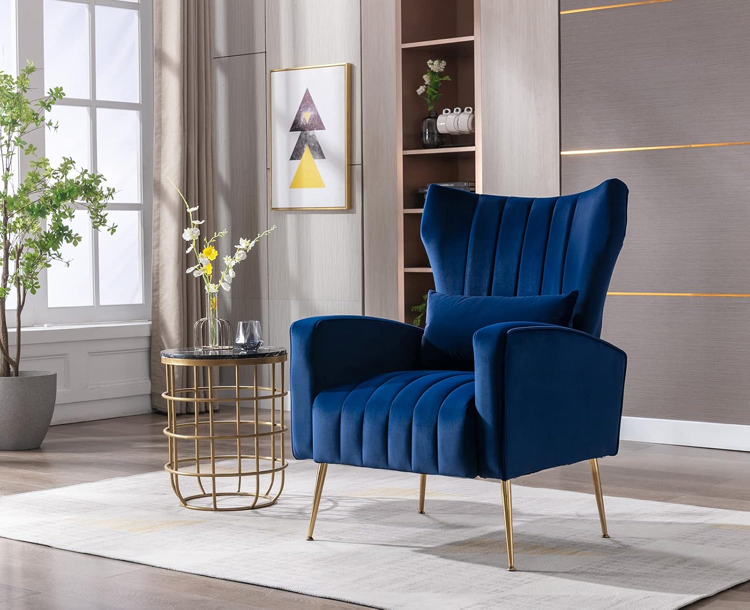 Kmax – Silla decorativa de terciopelo con brazos de mediados de siglo con patas doradas, silla con respaldo alado con almohada para dormitorio, sala