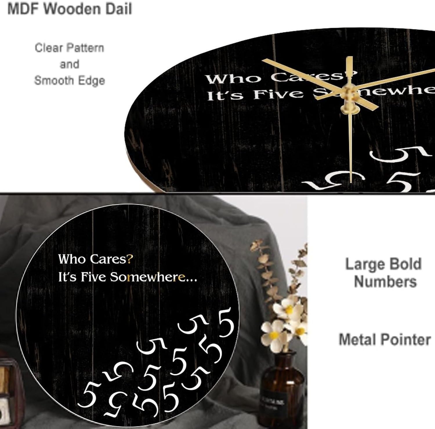 Reloj de pared redondo con texto en inglés Who Cares It’s Five Somewhere, reloj de pared para decoración de baño, funciona con pilas, reloj de pared