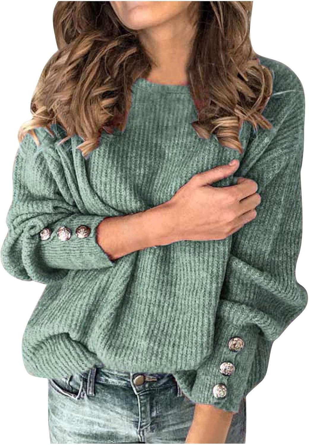 Suéter ligero acanalado con cuello redondo para mujer, para otoño e invierno, con botones, de manga larga, de punto, talla extragrande