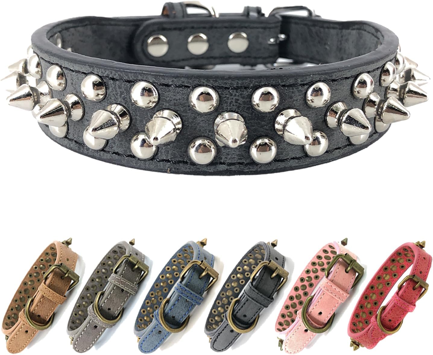 Collar de perro con tachuelas y tachuelas cromadas redondas antimordeduras (negro, XS)