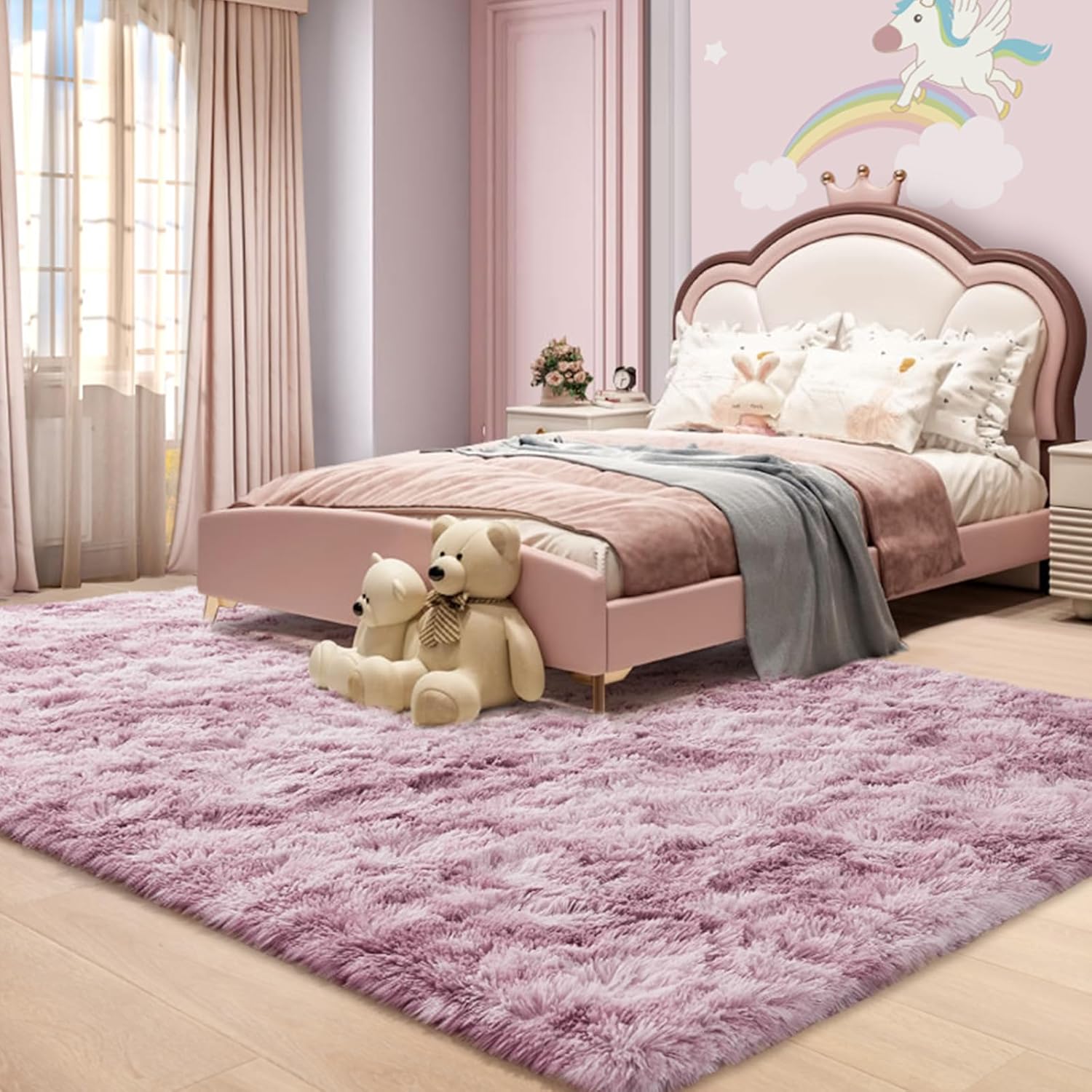 Alfombras esponjosas para dormitorio de niñas, 4 x 6 pies, alfombra suave y lanuda rosa y morada para niños, sala de juegos, sala de estar,
