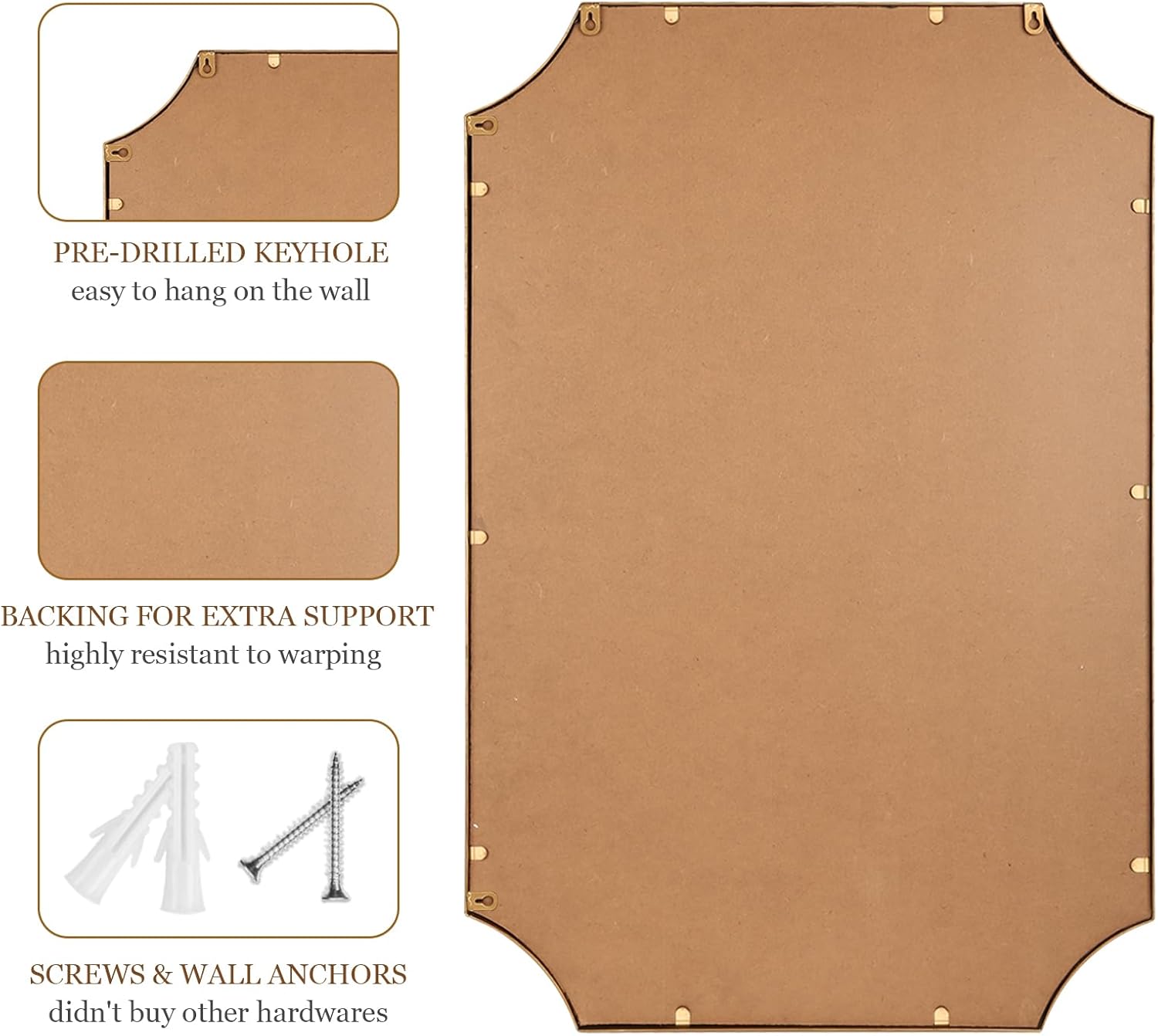 Espejo de pared de 24 x 36 pulgadas, espejo decorativo rectangular de esquinas festoneadas, marco de cuentas de metal, decoración de pared para