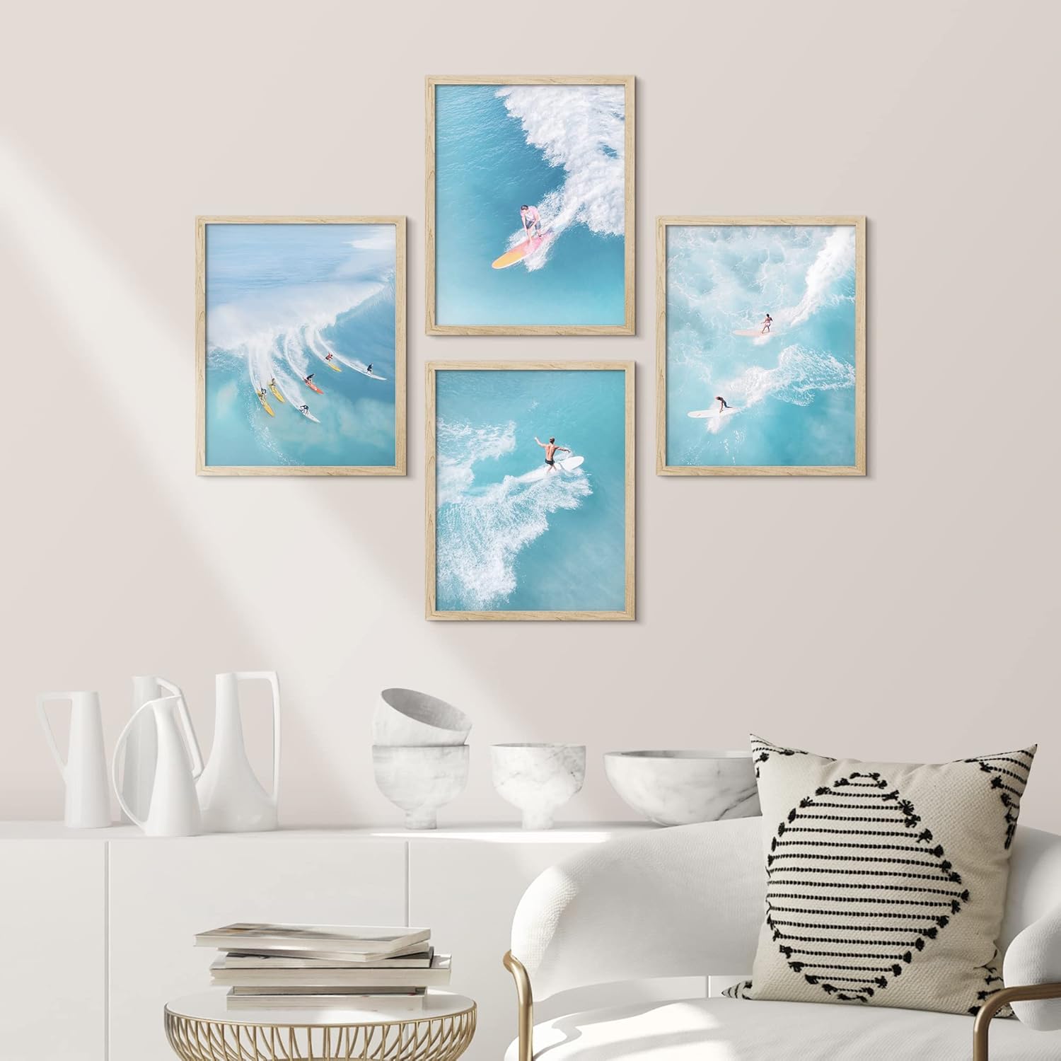 SIGNWIN Arte de pared enmarcado de paisaje náutico del océano, juego de 4 tablas de surf con vista aérea para decoración de pared, decoración de