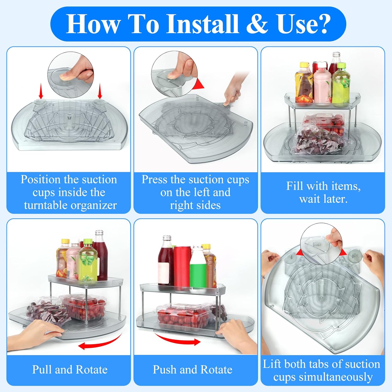Lazy Susan de 2 niveles para refrigerador, cubos organizadores giratorios de 360, 16.54 x 11.02 x 5.91 pulgadas, organizadores de refrigerador y