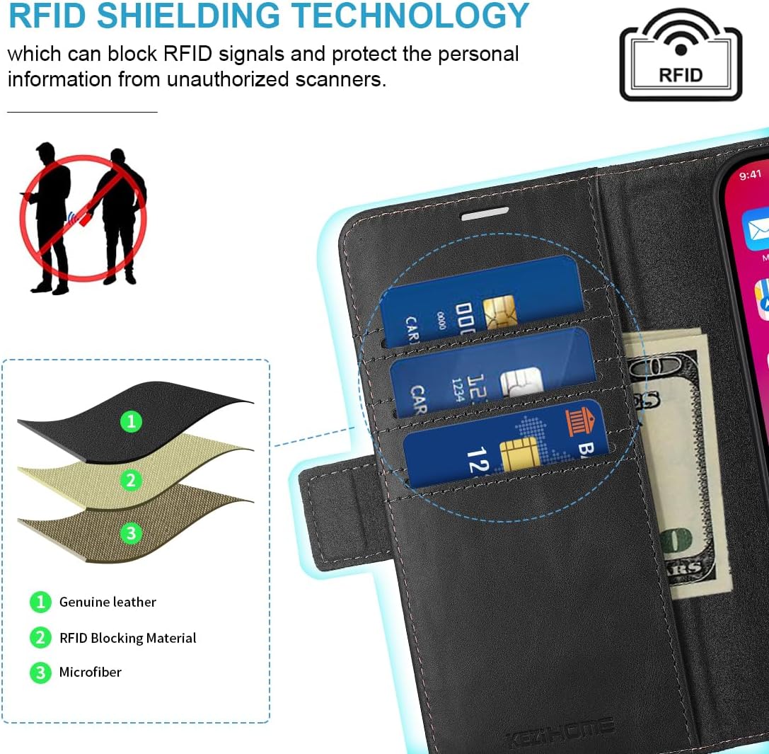 KEZiHOME Funda tipo cartera compatible con iPhone 15 Pro Max, piel auténtica bloqueo RFID para iPhone 15 Pro Max, ranura para tarjetas, soporte