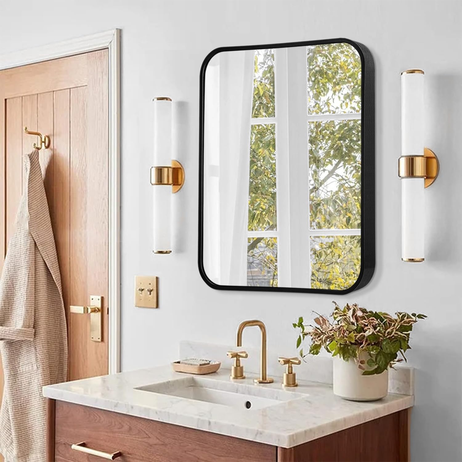 Espejo de baño grande con marco de metal para pared, rectángulo redondeado que se cuelga horizontal o verticalmente, espejo para baño, tocador,