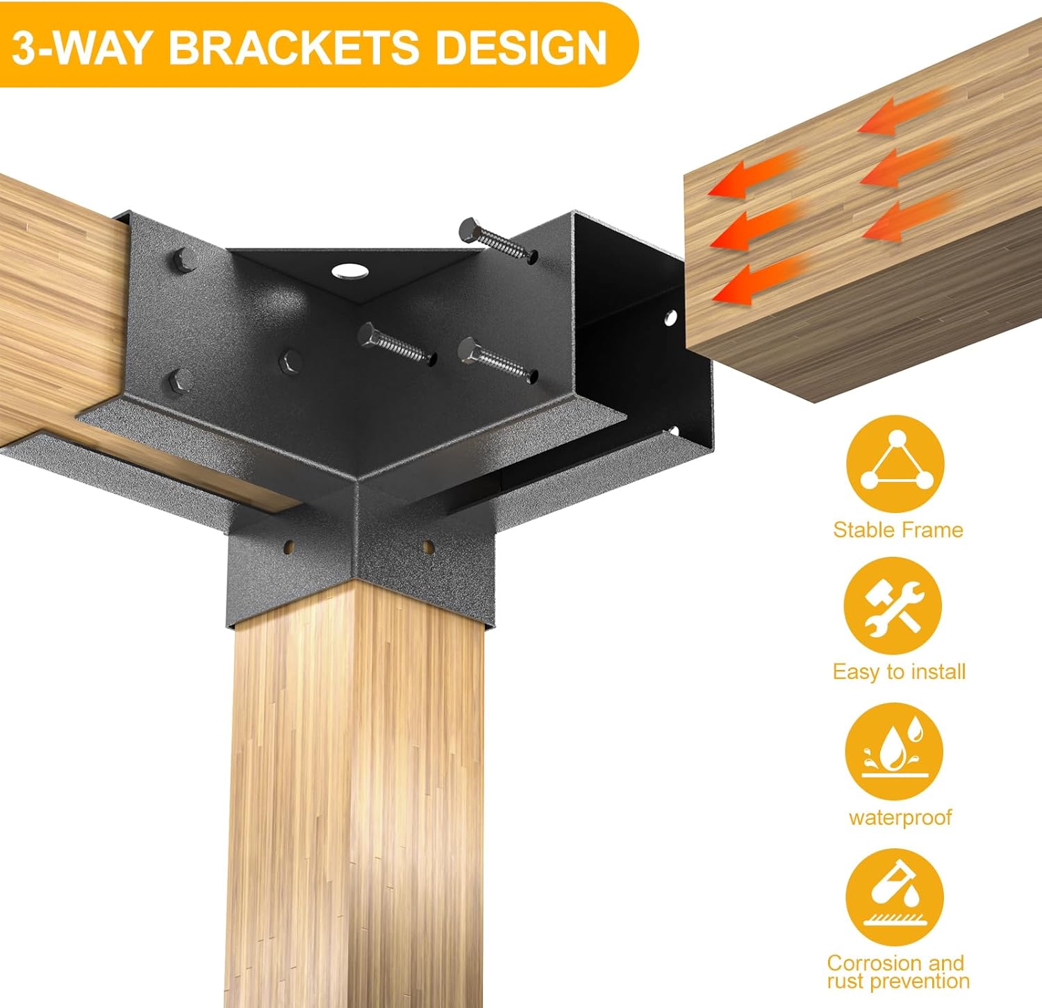 Kit de soportes para pérgola 4×4, soportes de esquina de carpintería con recubrimiento de polvo de 3 vías, 1 hombro de soporte y 1 base de poste de
