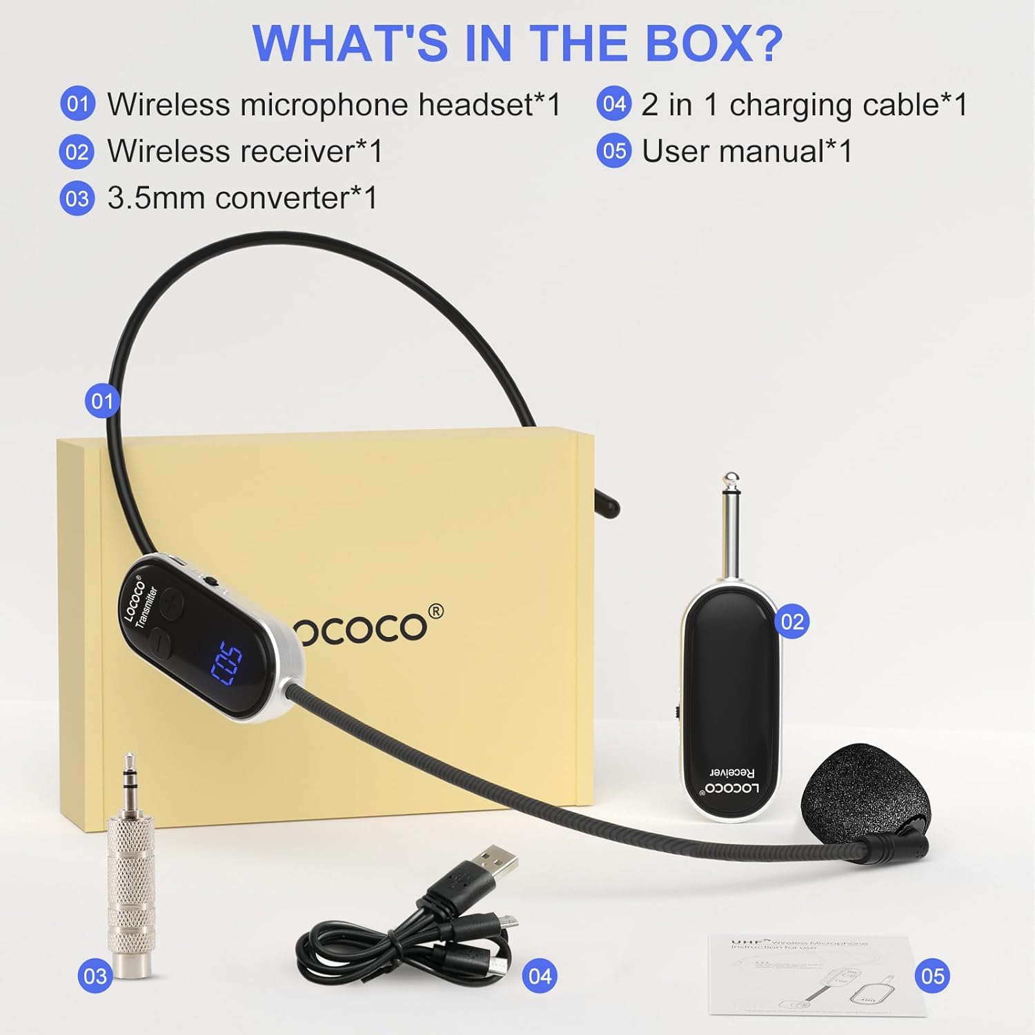 Sistema de micrófono inalámbrico UHF Auriculares con micrófono – Pantalla digital LED, micrófono de mano de cabeza 2 en 1, tiempo de trabajo 6H,
