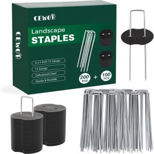 CEWOR Juego de grapas de paisaje, 200 estacas de calibre 11 de 6 pulgadas y 100 juntas, estacas de jardín galvanizadas y pasadores SOD, estacas de CEWOR Juego de grapas de paisaje, 200 estacas de calibre 11 de 6 pulgadas y 100 juntas, estacas de jardín galvanizadas y pasadores SOD, estacas de