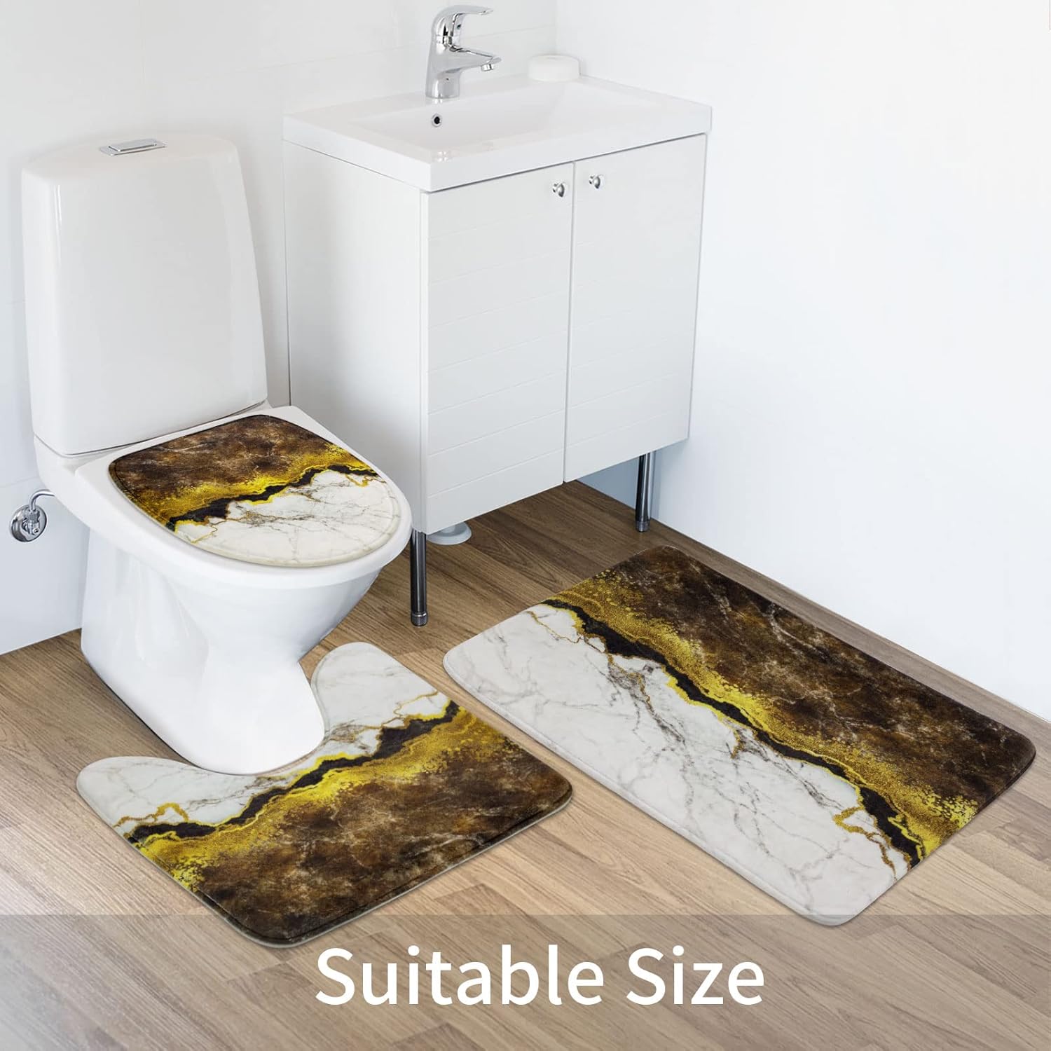 MitoVilla Juego de 4 cortinas de ducha de mármol marrón con alfombras, juegos de baño marrón dorado con cortina de ducha y alfombras y accesorios,