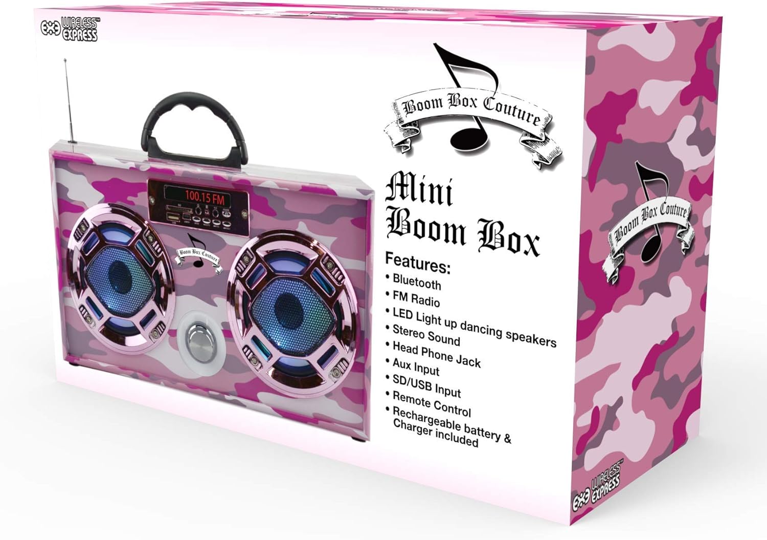 Wireless Express – Mini Boombox con altavoces LED – Altavoz Bluetooth retro con radio FM mejorada – Perfecto para el hogar y al aire libre