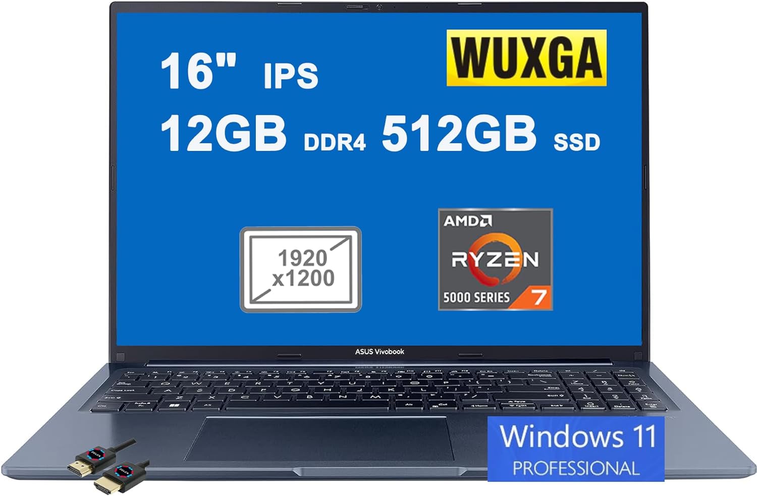 Asus VivoBook 16X Business Laptop  Pantalla antirreflejo WUXGA IPS de 16 pulgadas  Procesador AMD 8-Core Ryzen 7 5800HS  12GB DDR4 512GB SSD  USB-C