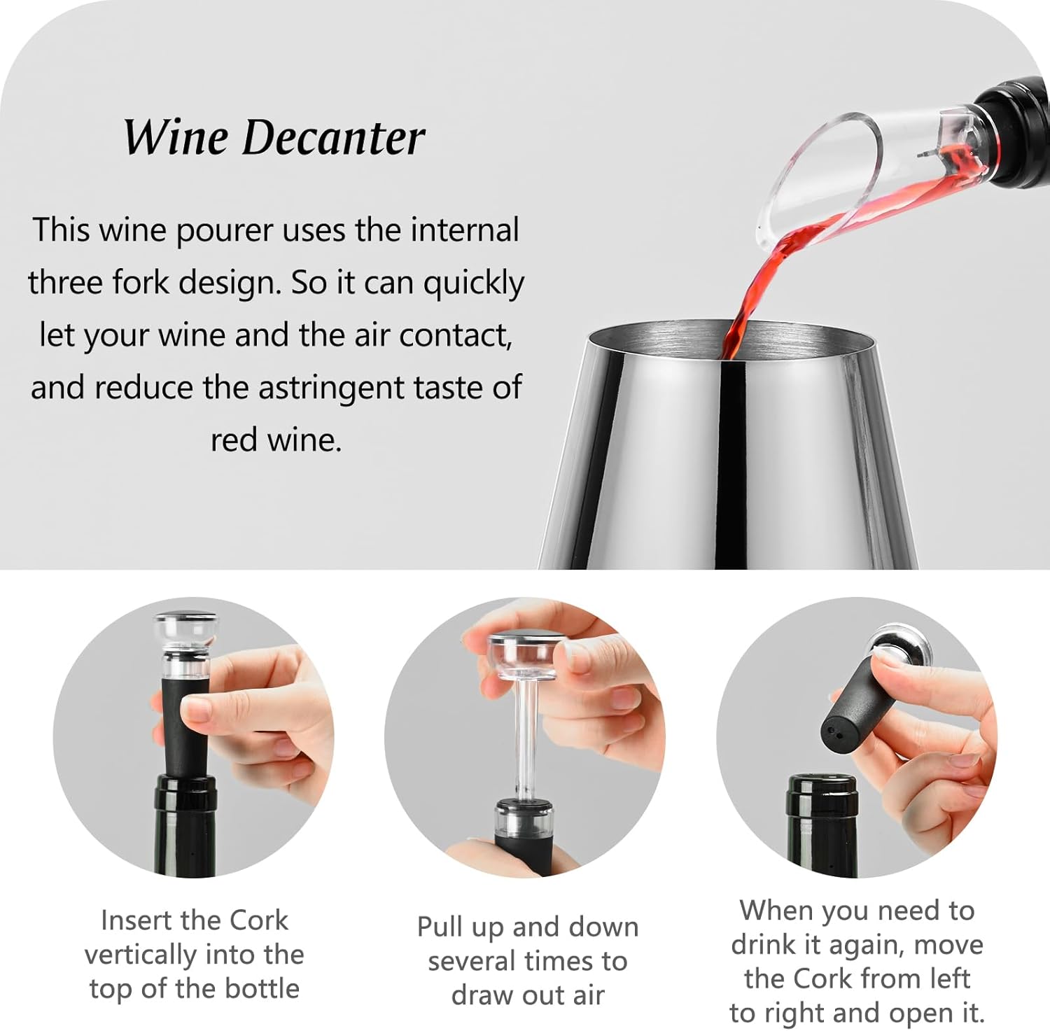 Juego de 4 copas de vino de acero inoxidable, copas de vino de metal de 21 onzas con decantador y tapón, copa de vino de acero inoxidable con tallo