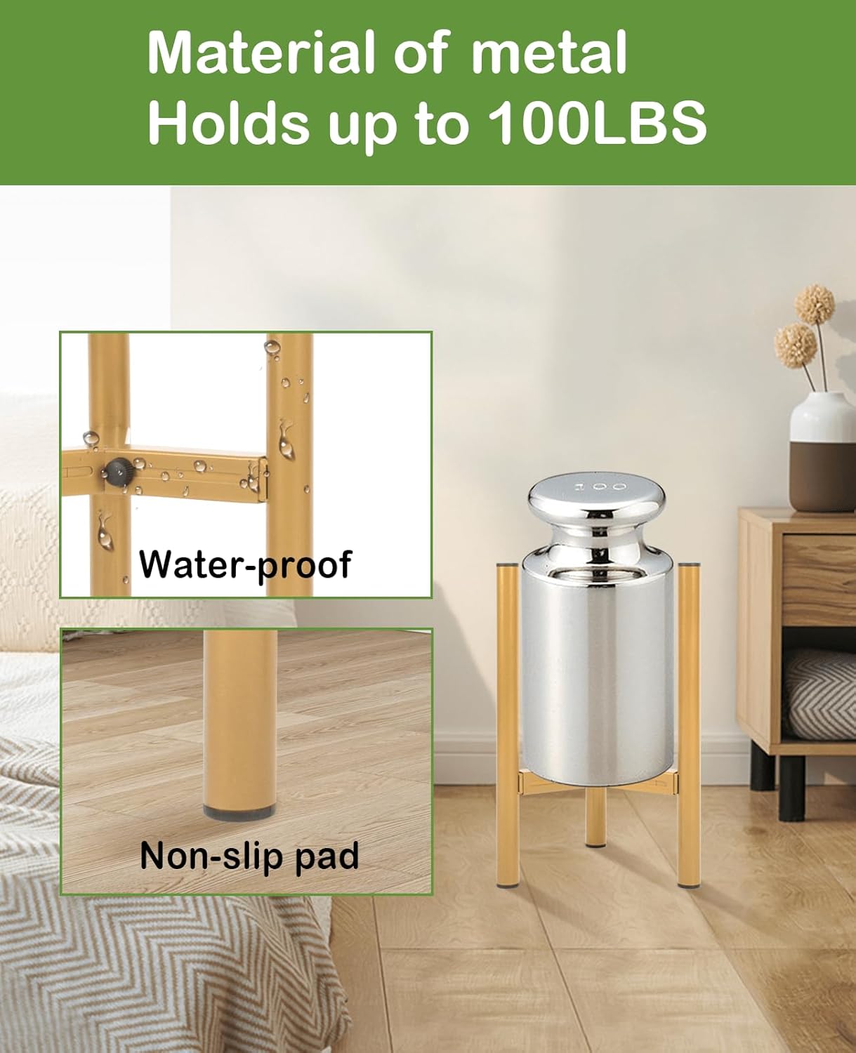 Soporte dorado para plantas para interiores, soporte ajustable de metal para plantas (8 a 13.5 pulgadas), diseño de mediados de siglo, soporte alto
