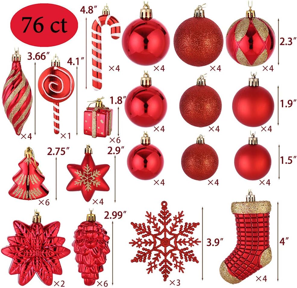 Sattiyrch – Juego de adornos de bolas de Navidad de 76 quilates para árbol de Navidad, irrompibles con cajas de regalo, reutilizables, con caja de