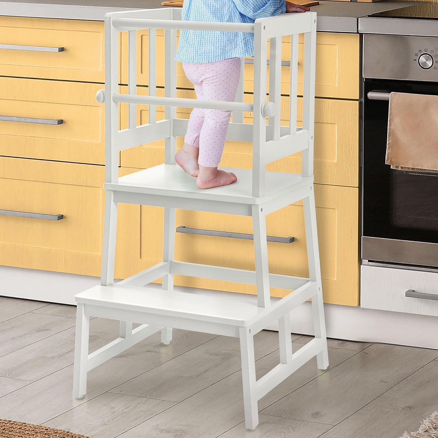 COSYLAND Taburete de cocina para niños con guantes, barandilla de seguridad extraíble anticaída, alfombrilla antideslizante para pie, taburete de