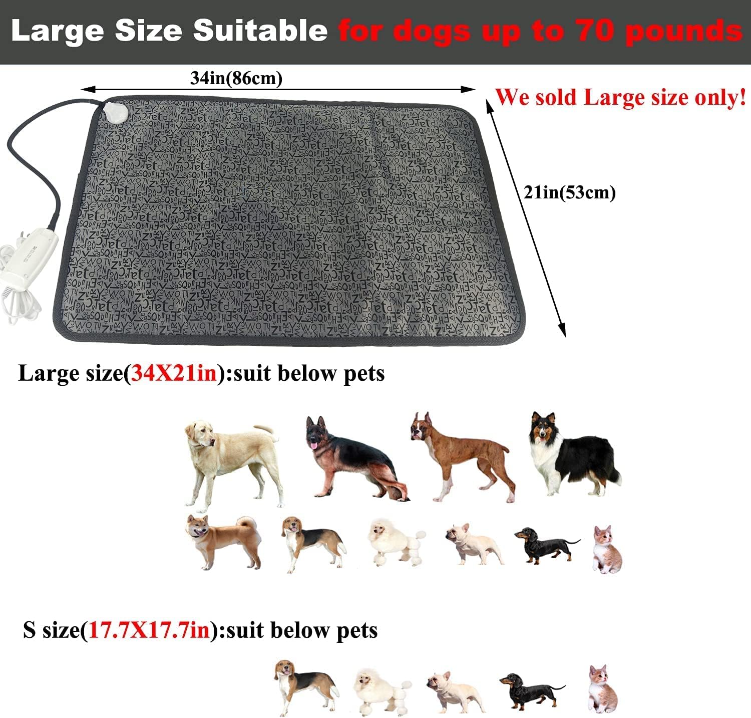 Almohadilla térmica para mascotas para perros y gatos, alfombrilla térmica para interiores, almohadilla térmica eléctrica para perros, gatos, cable