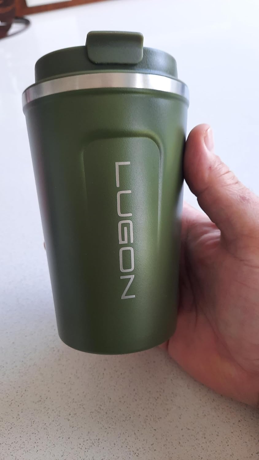 Lugon Taza de café de acero inoxidable de doble pared aislada al vacío de 12 onzas con tapa a prueba de derrames, taza de viaje para el trabajo,