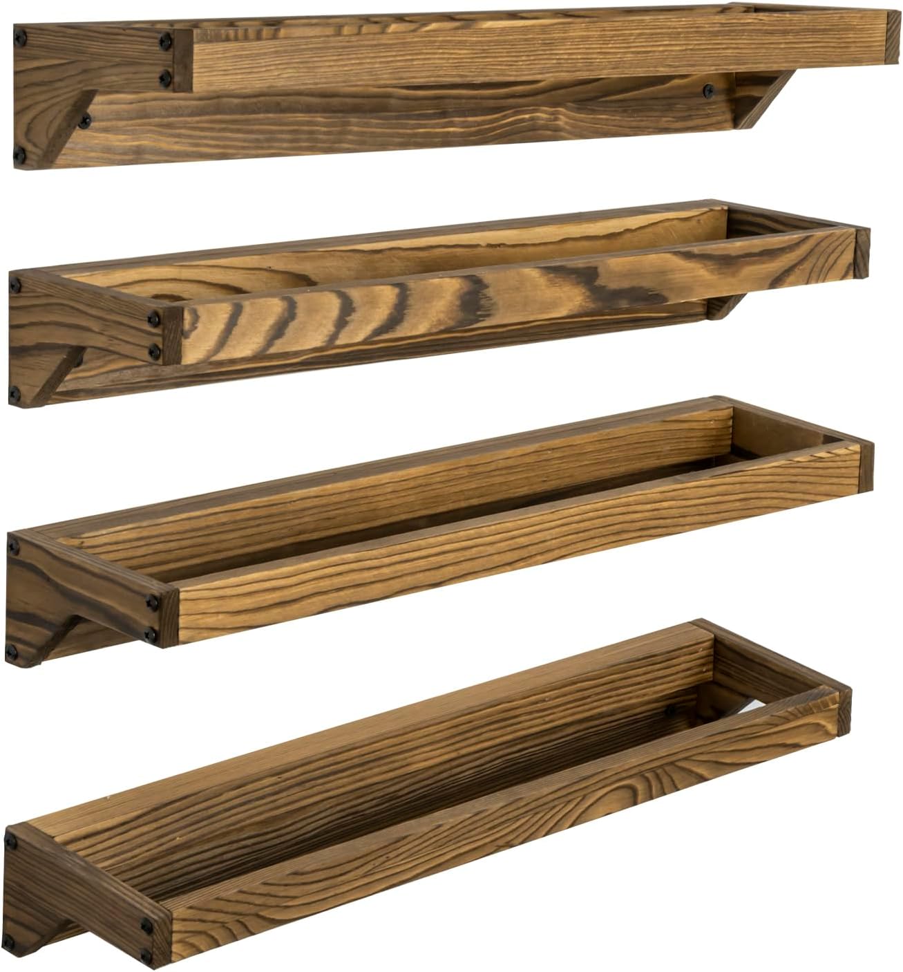 MyGift Juego de 4 estantes organizadores de almacenamiento de zapatos de madera maciza rústica quemada, montaje en pared, ahorro de espacio para