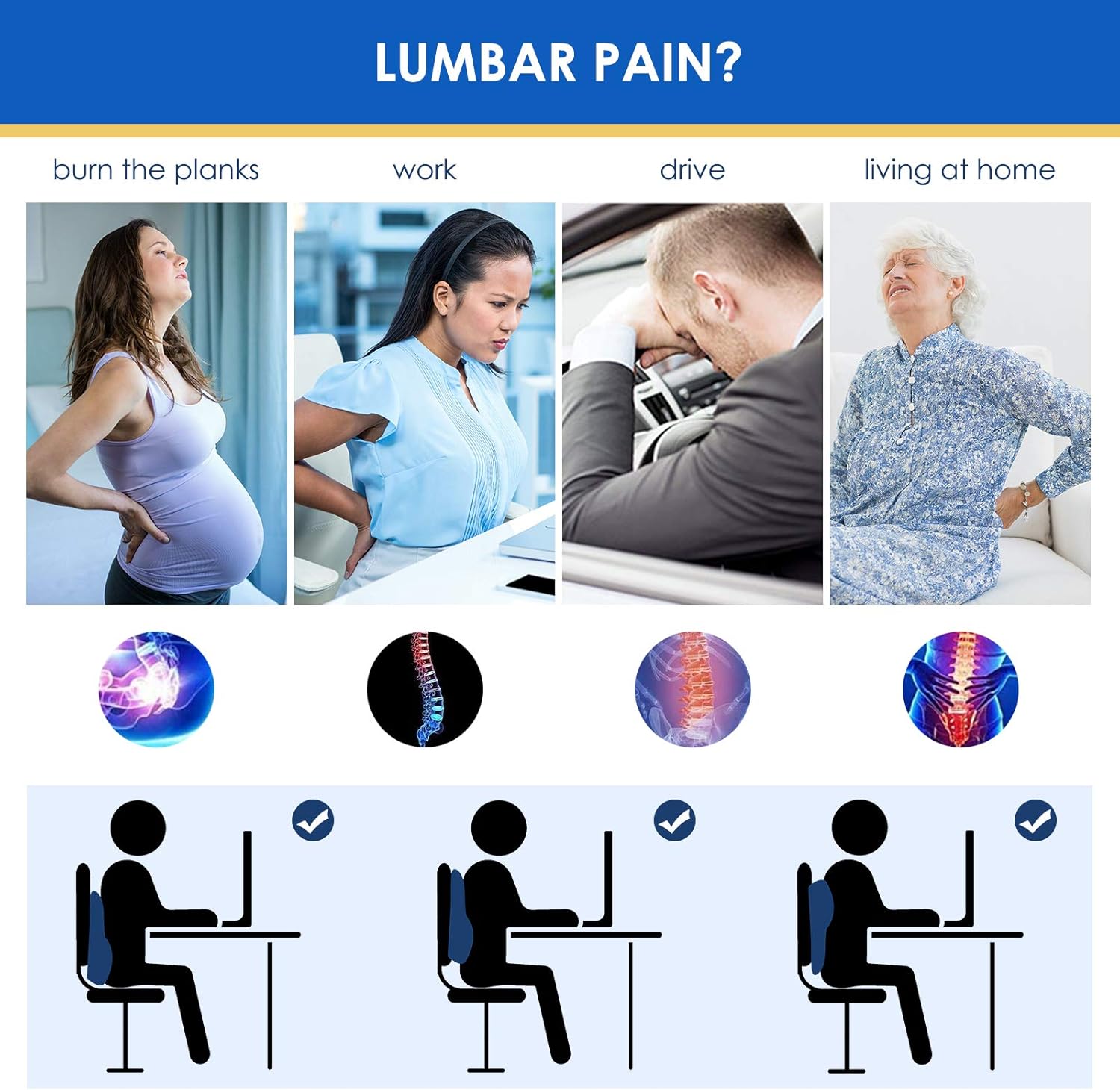Almohada de apoyo lumbar para silla de oficina, almohada lumbar de coche, alivio del dolor de espalda de espuma viscoelástica con funda de malla 3D,