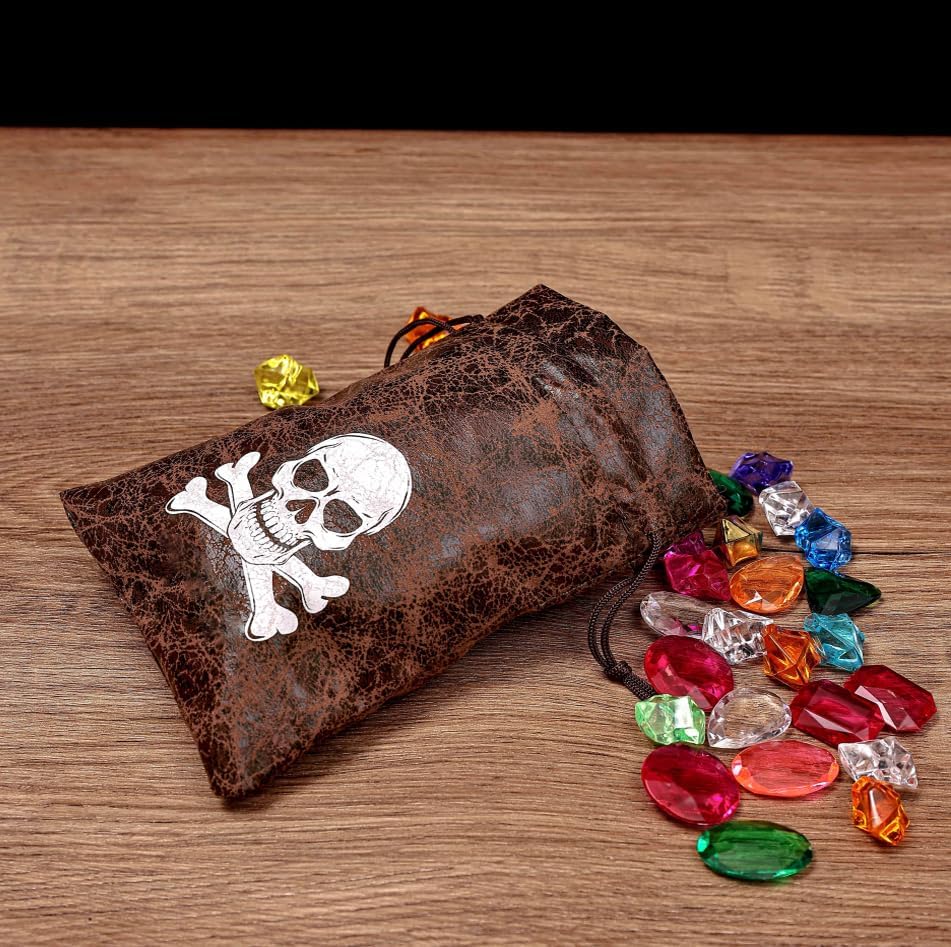 RICHNESS Bolsas de botín pirata con cordón de 4.5 x 6.5 pulgadas, piel de vaca sintética, bolsas de tesoro pirata para recuerdos de fiesta pirata,